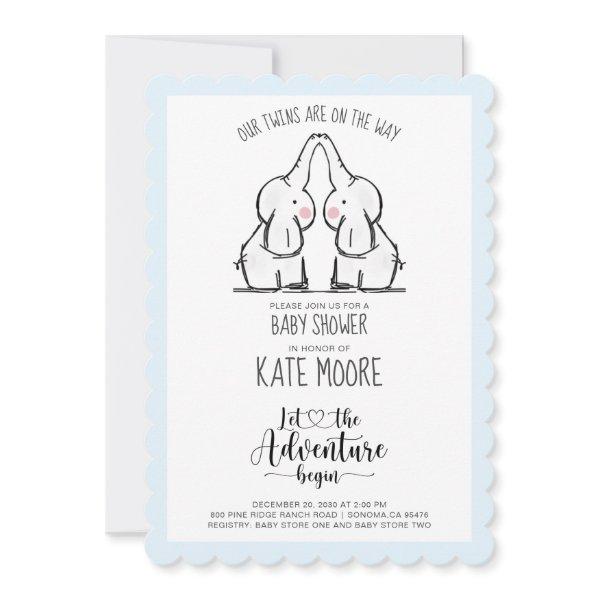 Cute Elephant Twins Baby Shower Blue Baby Boy