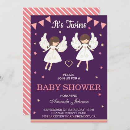 Cute Fairies Twin Girls Baby Shower Invitation
