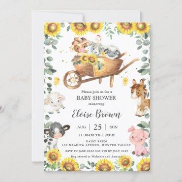 Cute Farm Animals Sunflower Greenery Baby Shower   Invitation
