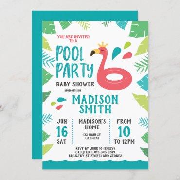 Cute Flamingo Tropical  Pool Party Baby Shower Invitation