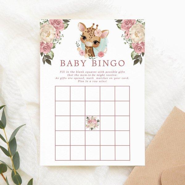 Cute Floral Giraffe Baby Shower Bingo Game