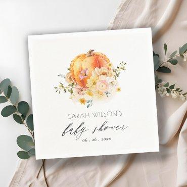 Cute Floral Orange Autumn Pumpkin Baby Shower Napkins