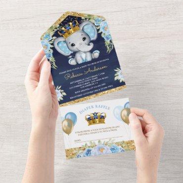 Cute Floral Prince Elephant Navy Blue Baby Shower All In One