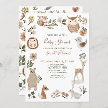 Cute Forest Animals Script Brown Boho Baby Shower Invitation