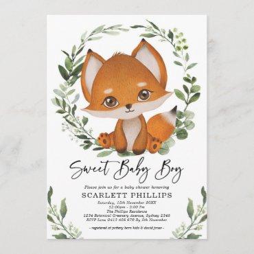 Cute Forest Fox Greenery Wreath Baby Boy Shower Invitation