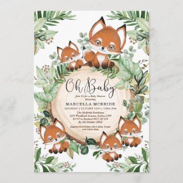 Cute Fox Botanical Greenery Neutral Baby Shower Invitation