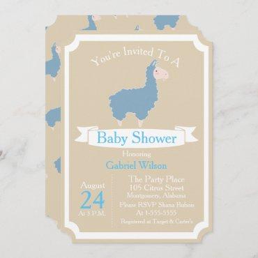 Cute Funny Blue Llama Baby Boy Baby Shower Invitation