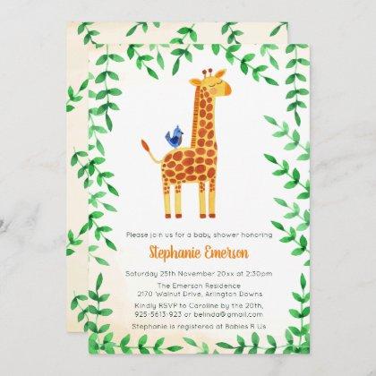 Cute Giraffe Watercolor Baby Shower Invitations