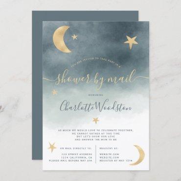 Cute gold moon stars blue baby shower by mail invitation