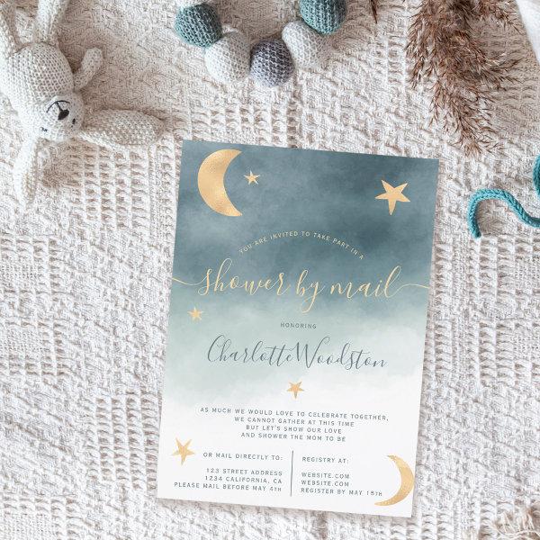 Cute gold moon stars blue baby shower by mail