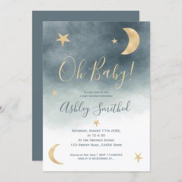 Cute gold moon stars blue watercolor baby shower invitation