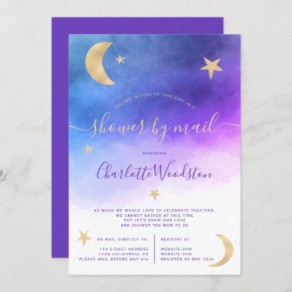 Cute gold moon stars purple baby shower by mail invitation