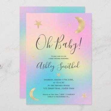 Cute gold moon stars rainbow pastel baby shower invitation