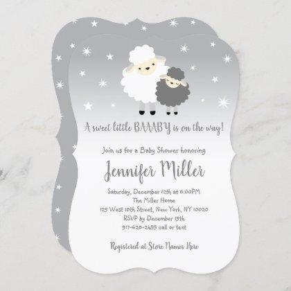 Cute Gray & White Lamb Baby Shower Invitation