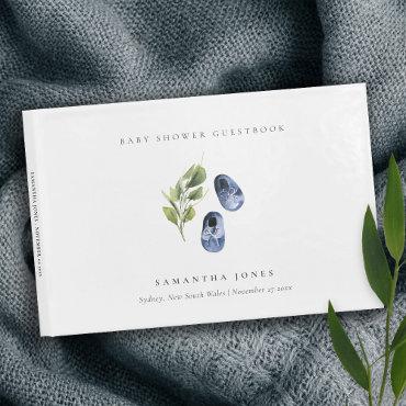 Cute Green Ink Blue Boy Shoes Foliage Baby Shower Guest Book