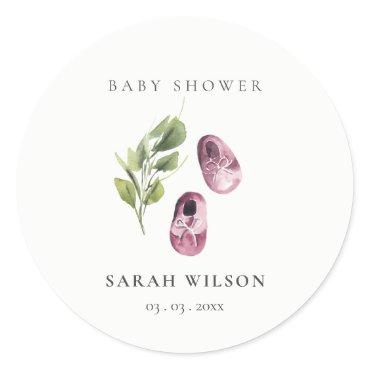 Cute Green Pink Girl Shoes Foliage Baby Shower Classic Round Sticker