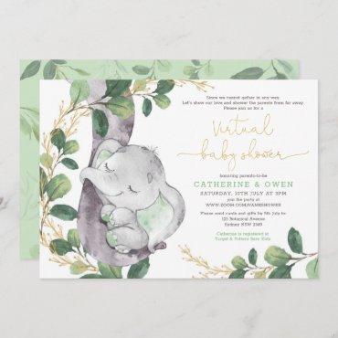 Cute Greenery Elephant Virtual Baby Shower By Mail Invitation
