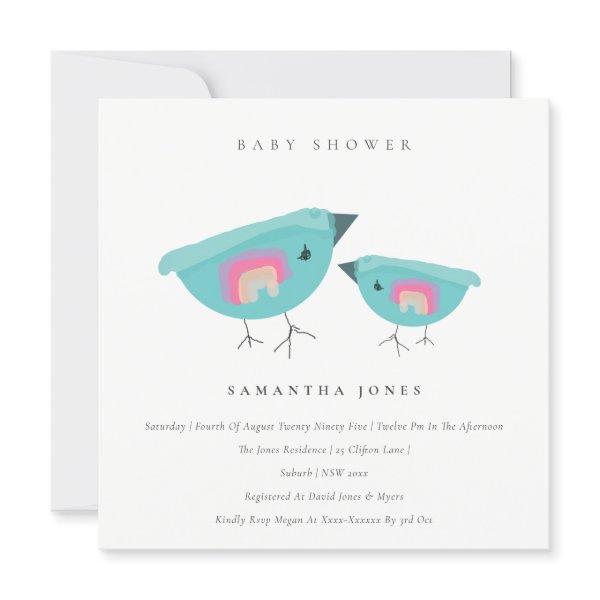 Cute Hand Drawn Rainbow Blue Birdy Baby Shower