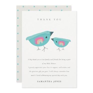 Cute Hand Drawn Rainbow Blue Birdy Baby Shower Thank You Card