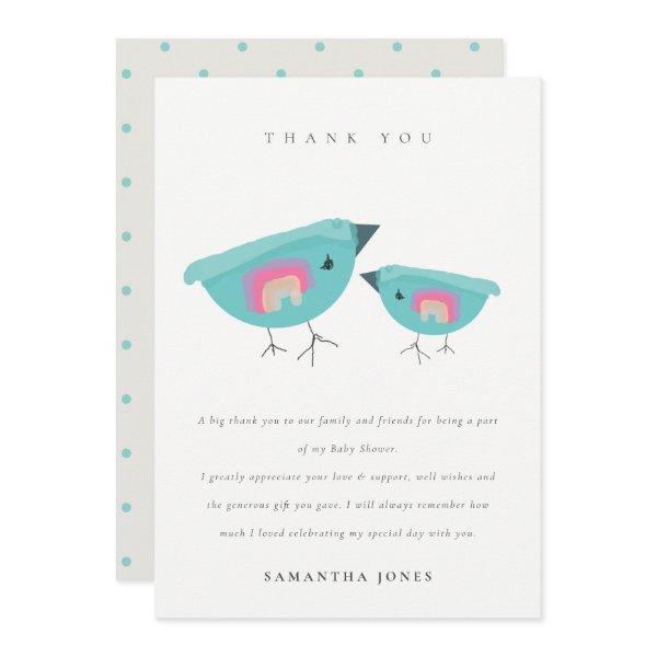 Cute Hand Drawn Rainbow Blue Birdy Baby Shower Thank You Card