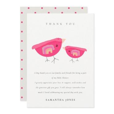 Cute Hand Drawn Rainbow Pink Birdy Baby Shower Thank You Card