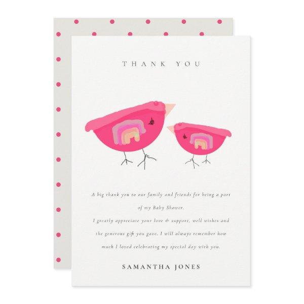 Cute Hand Drawn Rainbow Pink Birdy Baby Shower Thank You Card