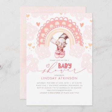 Cute Heart Boho Rainbow Pink Baby Shower Invitation