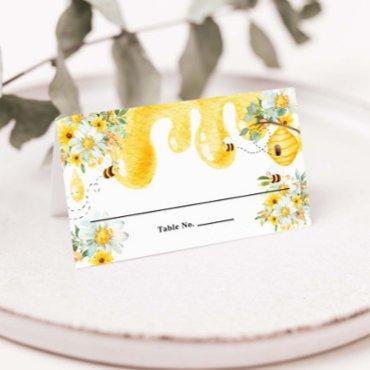 Cute Honey Bees Yellow Floral Birthday Baby Shower Place Card