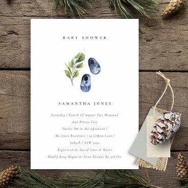 Cute Ink Blue Shoes Foliage Boy Baby Shower Invite