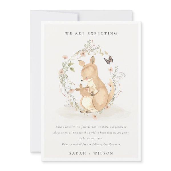 Cute Joey Mama Kangaroo Floral Wreath Baby Announcement