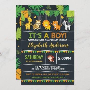 Cute Jungle Boy Baby Shower Safari Animals Party Invitation