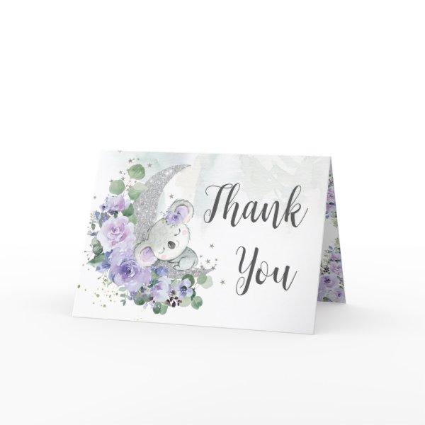Cute Koala Purple Floral Moon Baby Shower Birthday Thank You Card