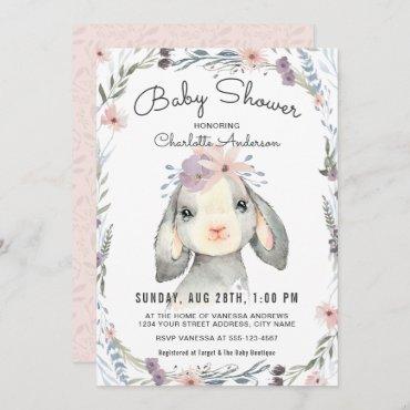Cute Lamb and Flowers Baby Shower Invitation