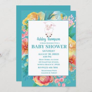 Cute Lamb Teal Blue Floral Baby Shower Invitation