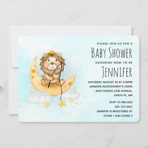 Cute Lion Fishing Watercolor Baby Shower Invitatio