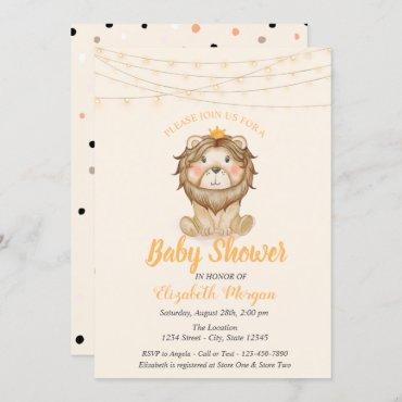 Cute Lion, String Lights,Dots Baby Shower Invitation
