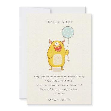 Cute Little Aqua Yellow Happy Monster Baby Shower Thank You Card