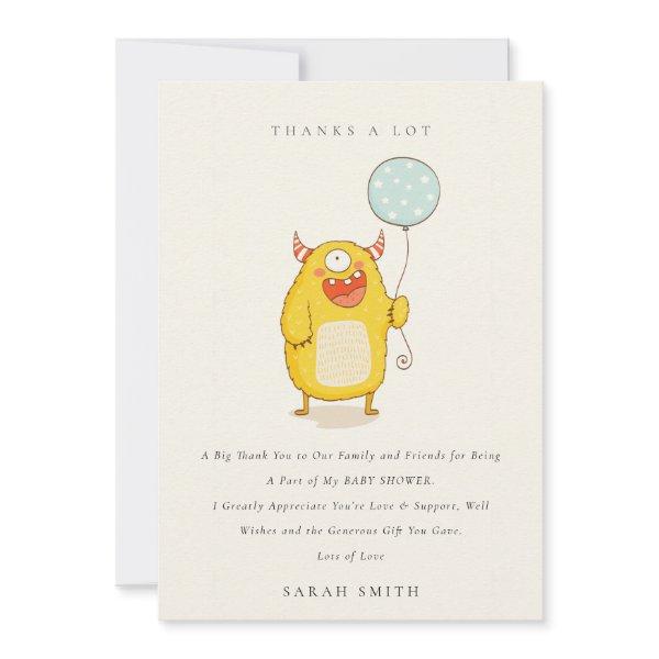 Cute Little Aqua Yellow Happy Monster Baby Shower Thank You Card