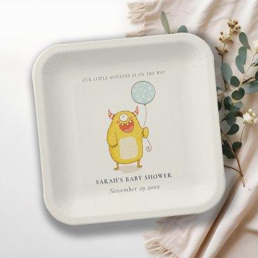 Cute Little Aqua Yellow Monster Baby Shower Invite Paper Plates