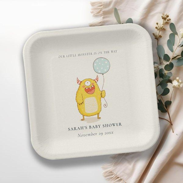 Cute Little Aqua Yellow Monster Baby Shower Invite Paper Plates