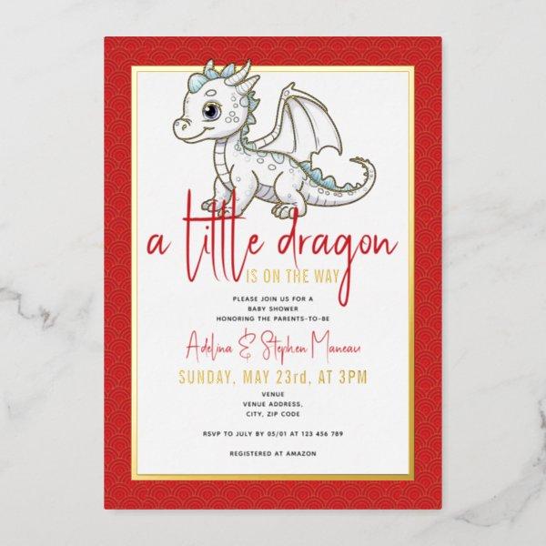 Cute Little Dragon Is On The Way Red Baby Shower Foil