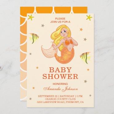 Cute Little Orange Mermaid Baby Shower Invitation