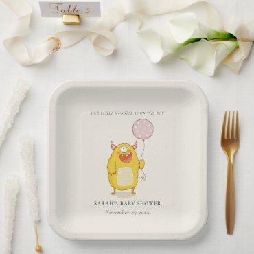 Cute Little Pink Yellow Monster Baby Shower Invite Paper Plates