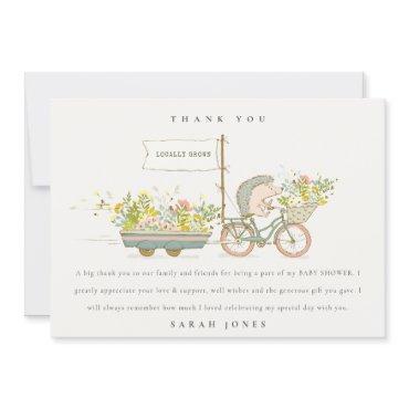 Cute Locally Grown Hedgehog Flora Bike Baby Shower Thank You Card