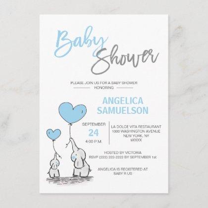 Cute Modern BOY Blue Mommy Elephant & Baby Shower Invitation