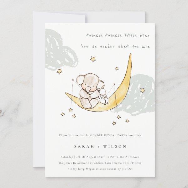 Cute Moon Star Elephant Bunny Gender Reveal Invite