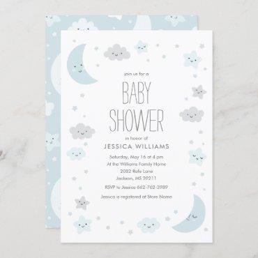 Cute Moon & Stars Frame Boy Baby Shower Invitation