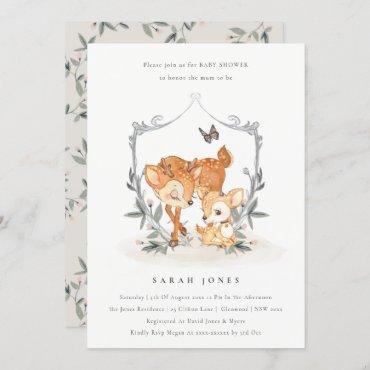 Cute Mum Deer Fawn Floral Crest Baby Shower Invite