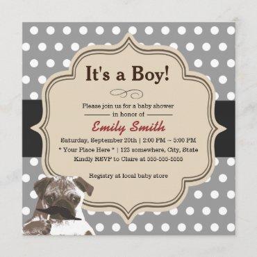 Cute Mustache Pug Polka Dots Baby Shower Invitation