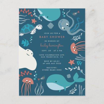 Cute Nautical Under The Sea Baby Shower Invitation Postcard